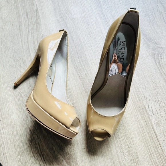 Michael Kors Tan Patent Leather Peep Toe Pumps - Picture 1 of 4